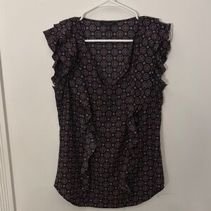 Banana Republic Navy and Orange Patterned Ruffled Cap Sleeve Blouse
